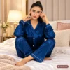 blue printed 2 piece silk nightwear suit